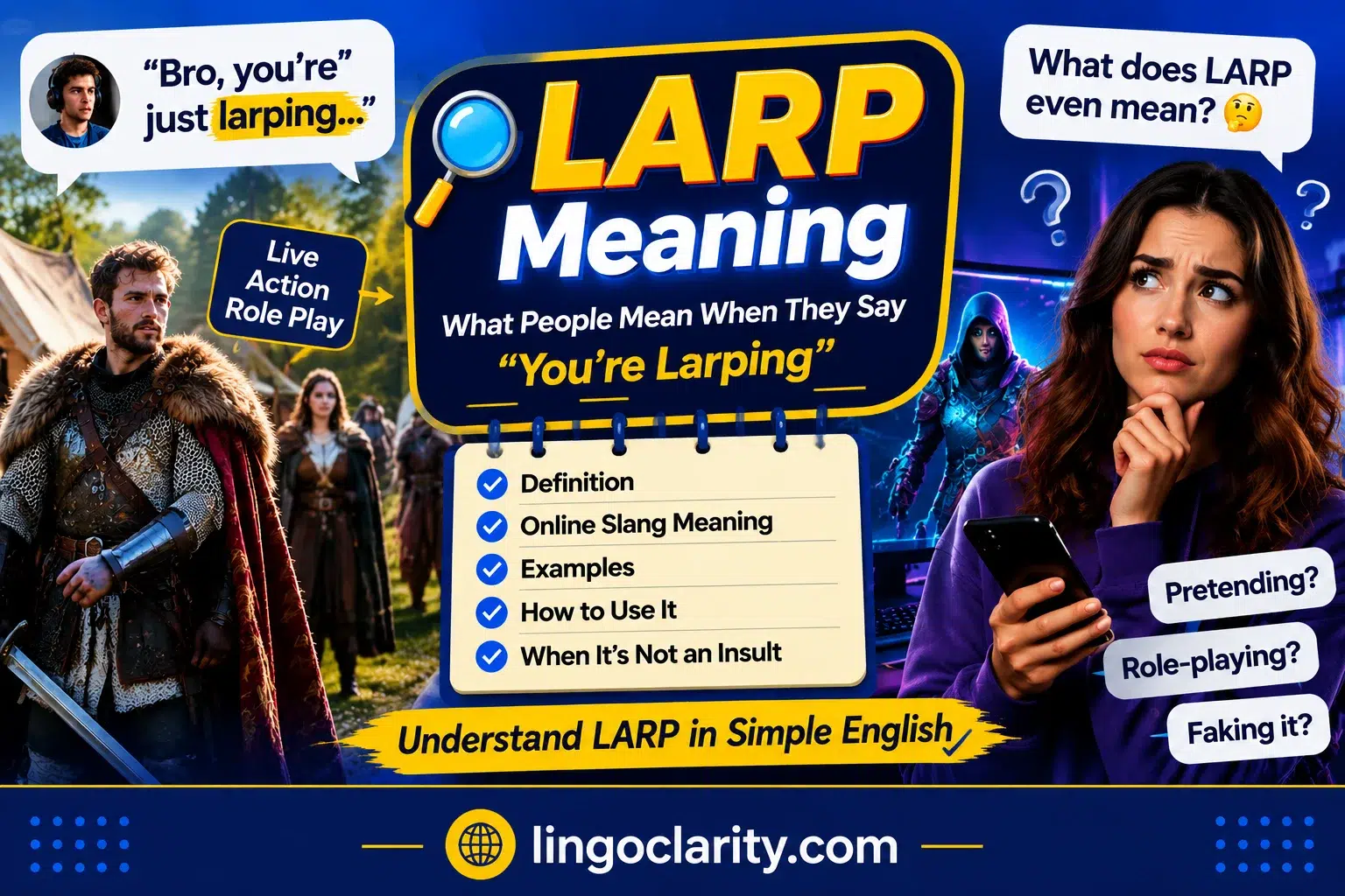LARP meaning explained with medieval roleplay and gaming visuals, showing what people mean