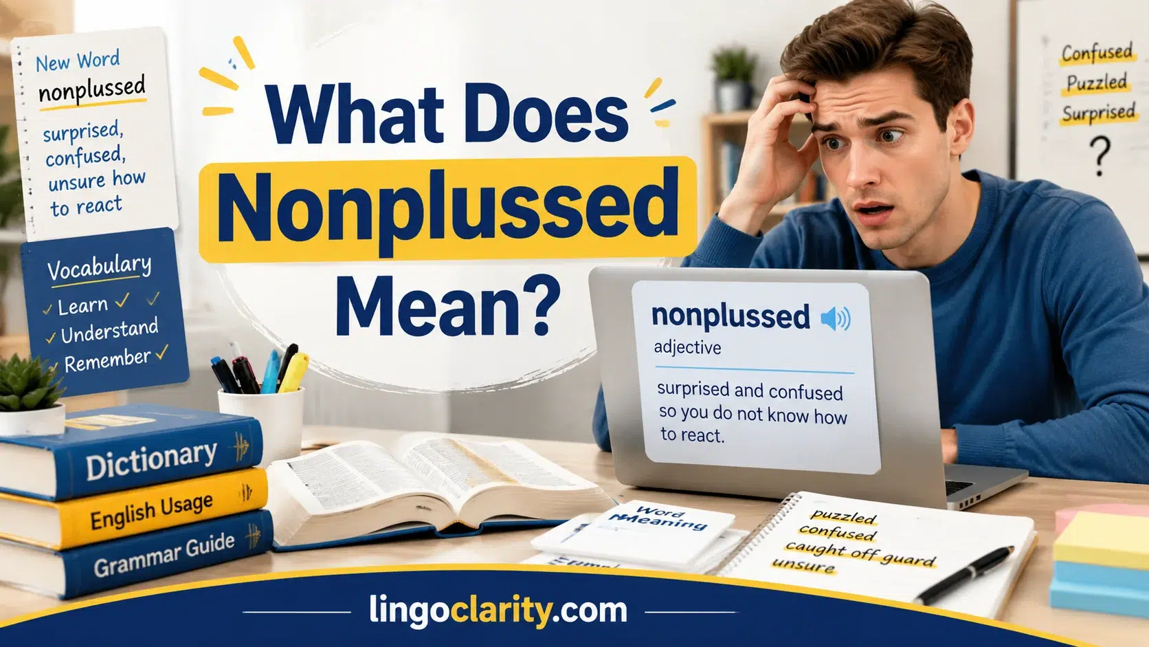 What Does Nonplussed Mean vocabulary graphic showing a confused student learning the meaning of the word nonplussed with English study materials.