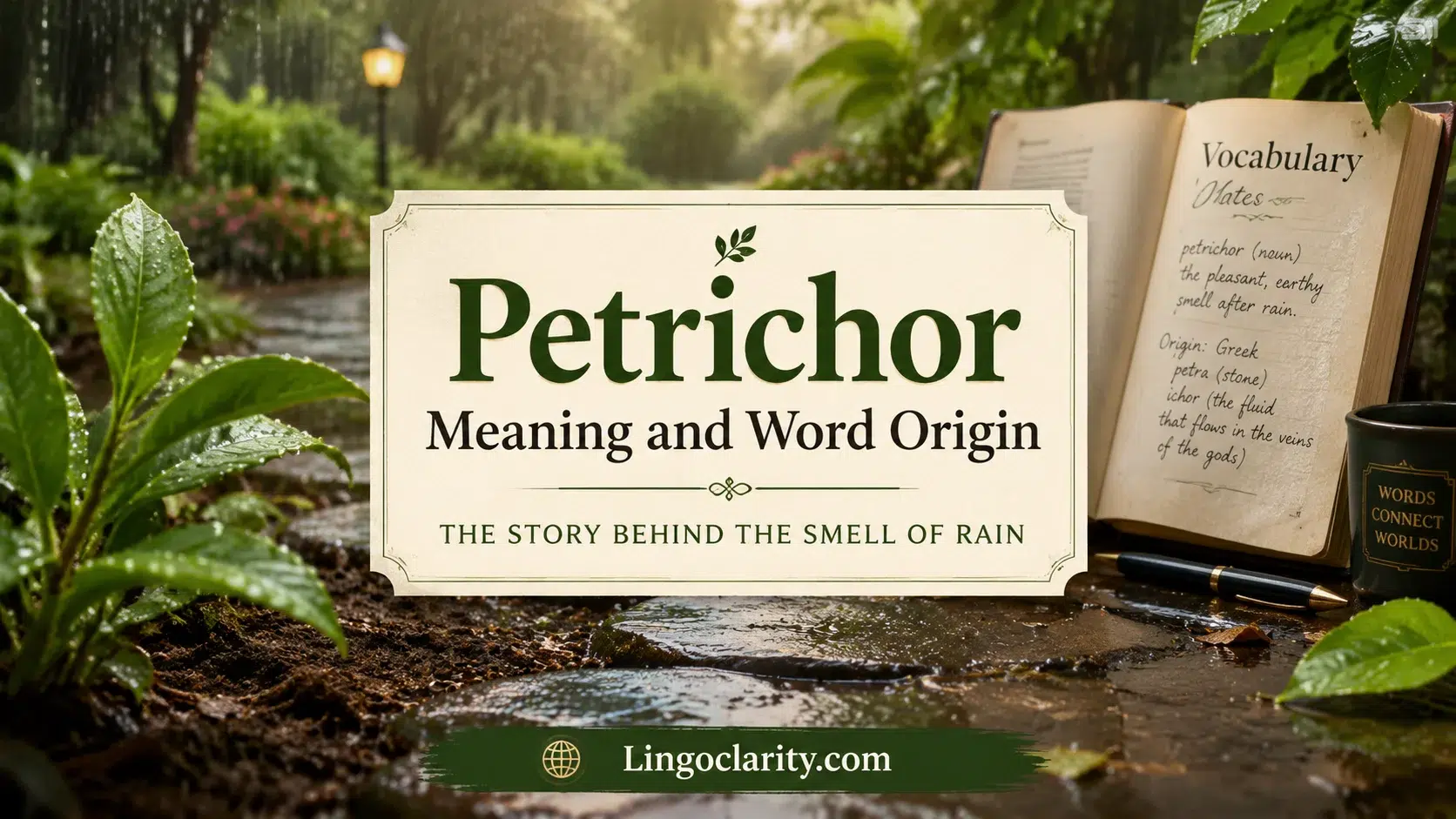 Petrichor meaning and word origin with fresh rain smell and wet earth