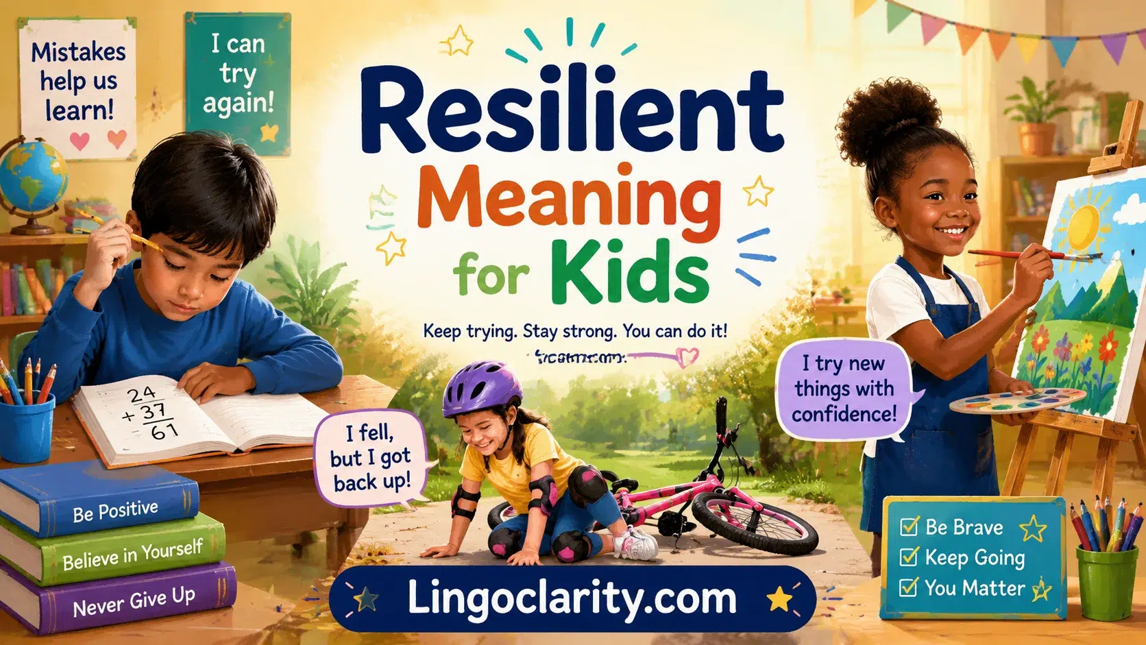 Resilient meaning for kids explained with examples showing children learning, trying again, and overcoming challenges.