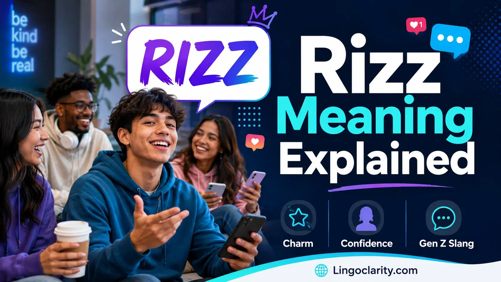 Rizz Meaning Explained – Gen Z slang illustration showing confident young adults communicating with smartphones, representing charm, confidence, and social skills with modern digital elements.