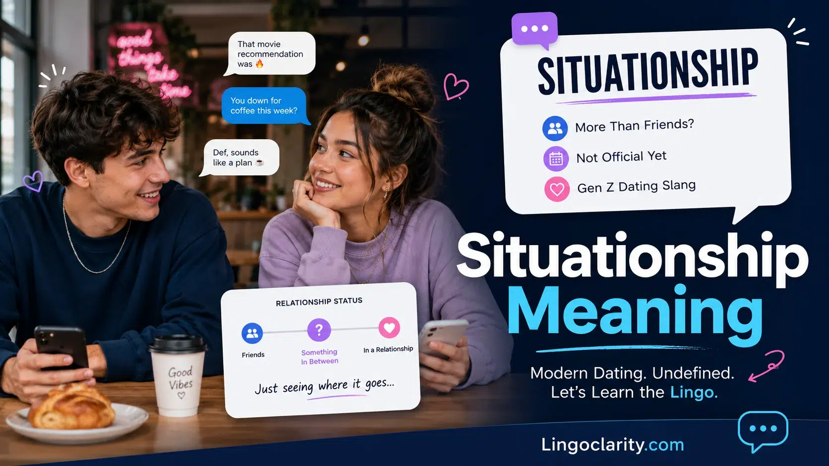 Situationship meaning in Gen Z dating with young adults, chat bubbles, and modern relationship slang concept.
