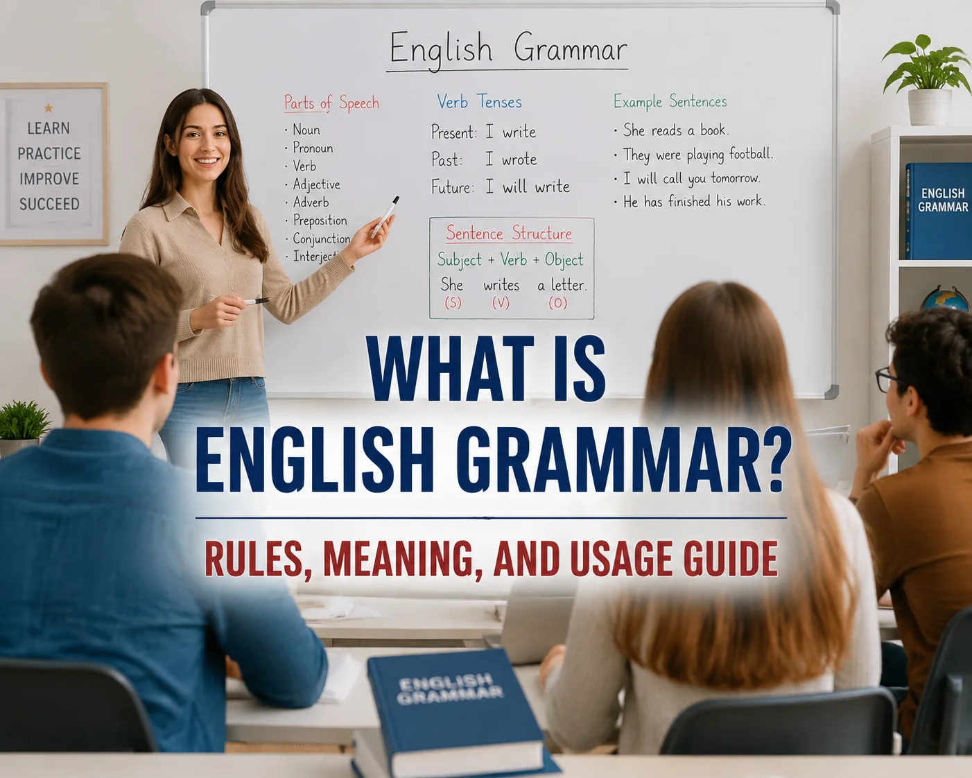 Teacher explaining what English grammar means in a modern classroom.