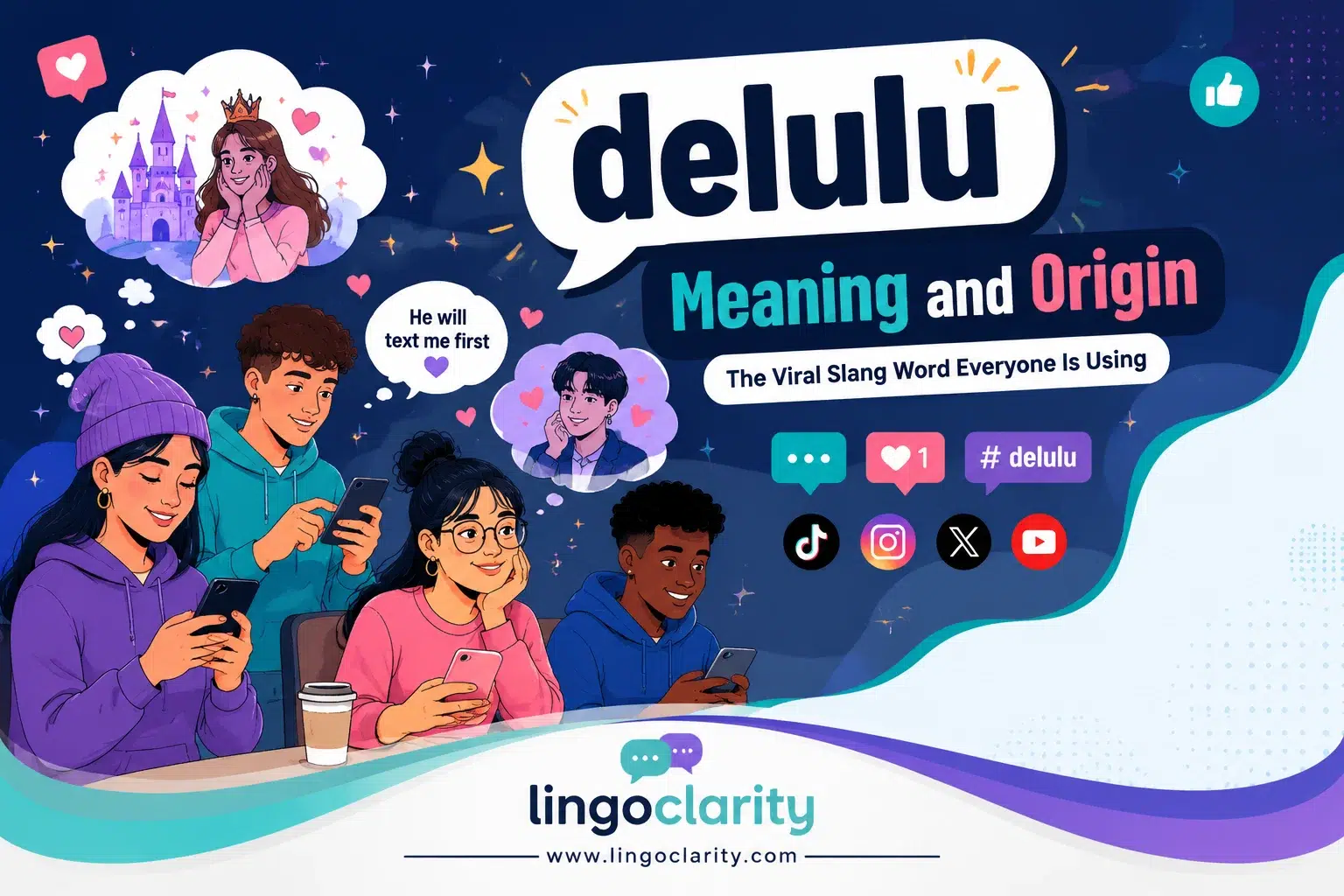 Delulu meaning and origin explained with young people using social media and a chat bubble showing the viral slang word delulu.