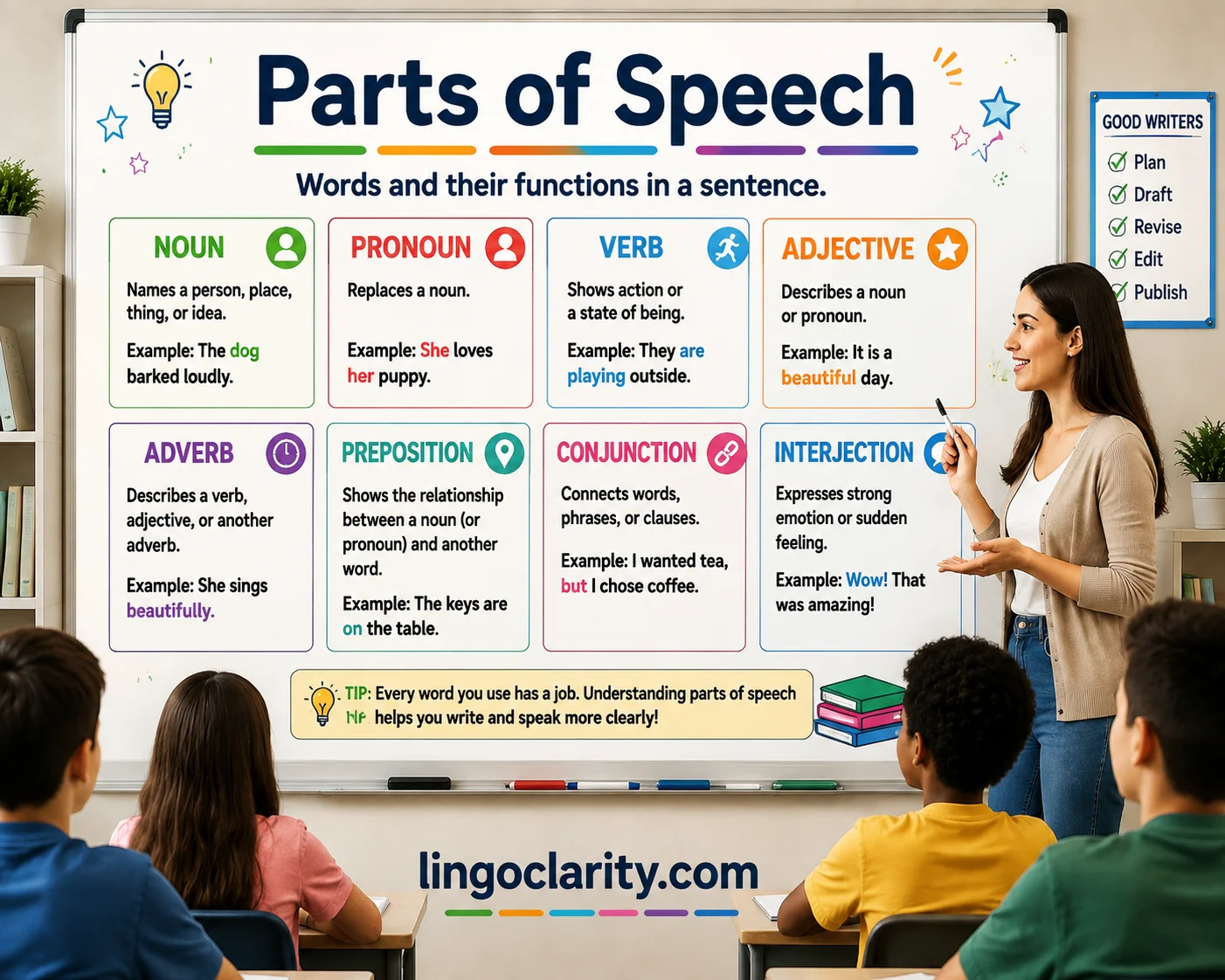 Parts of speech grammar guide showing English word categories and examples in a classroom setting.