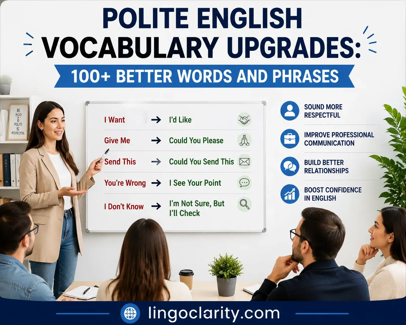 Polite English Vocabulary Upgrades showing respectful phrases and better communication skills on