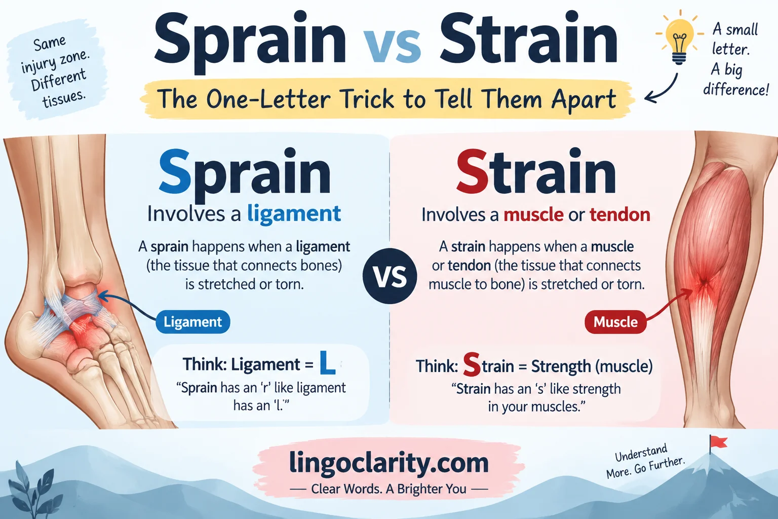 Sprain vs strain diagram showing a ligament joining two bones at the ankle and a tendon joining calf muscle to bone