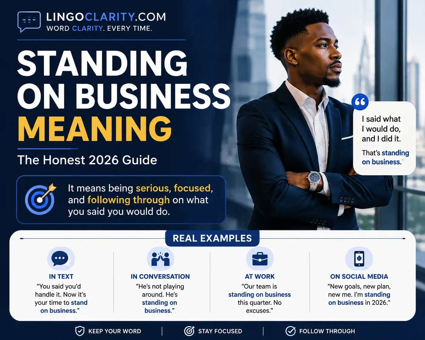 Standing on business meaning explained with examples, showing commitment, confidence, and following through
