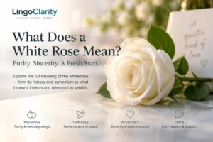 White rose symbolizing purity, sincerity, and new beginnings with LingoClarity article about white rose meaning, history, and modern use