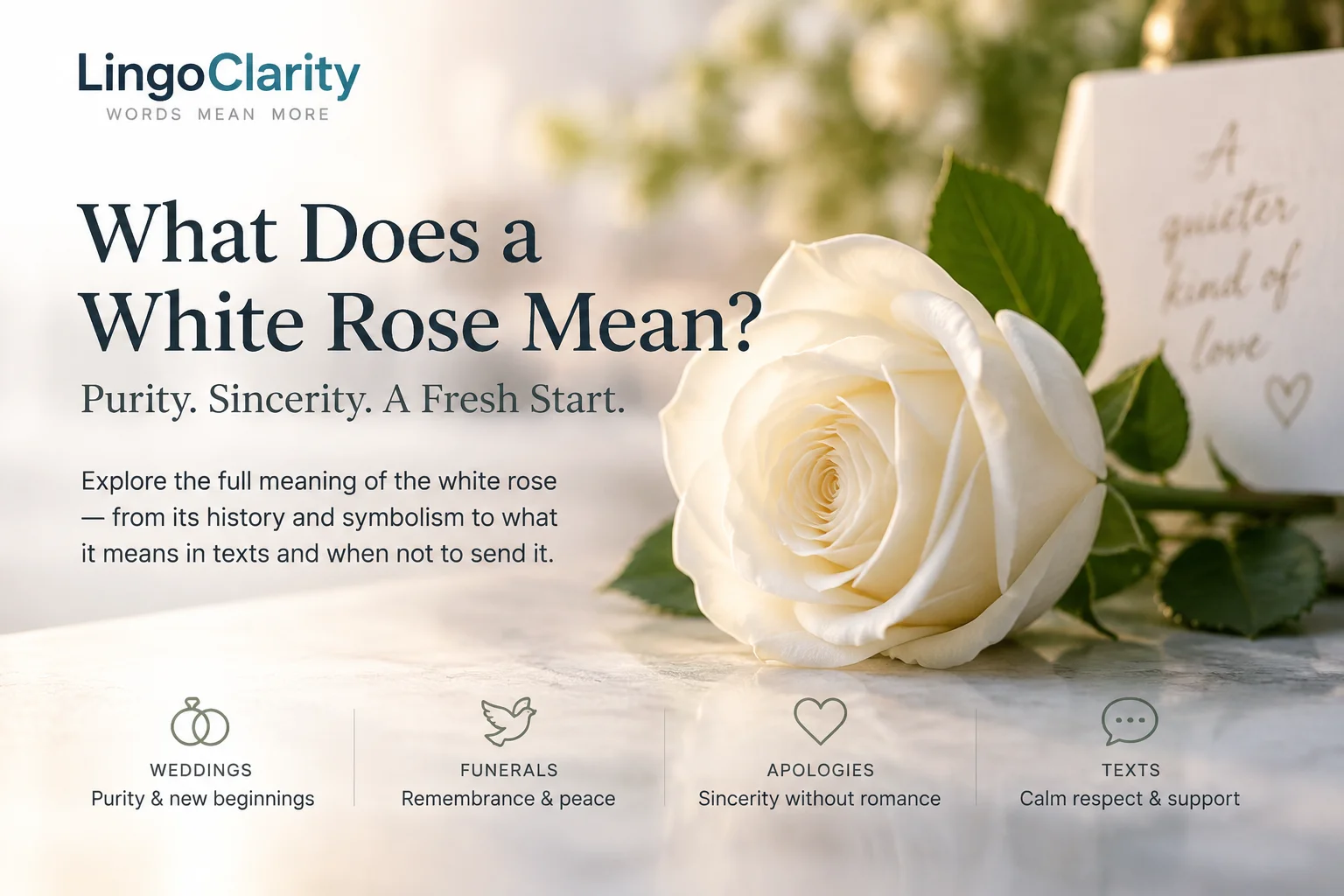 White rose symbolizing purity, sincerity, and new beginnings with LingoClarity article about white rose meaning, history, and modern use