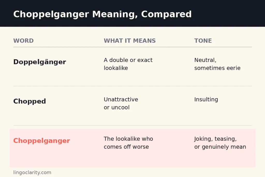 Chart comparing the choppelganger meaning with doppelganger and chopped