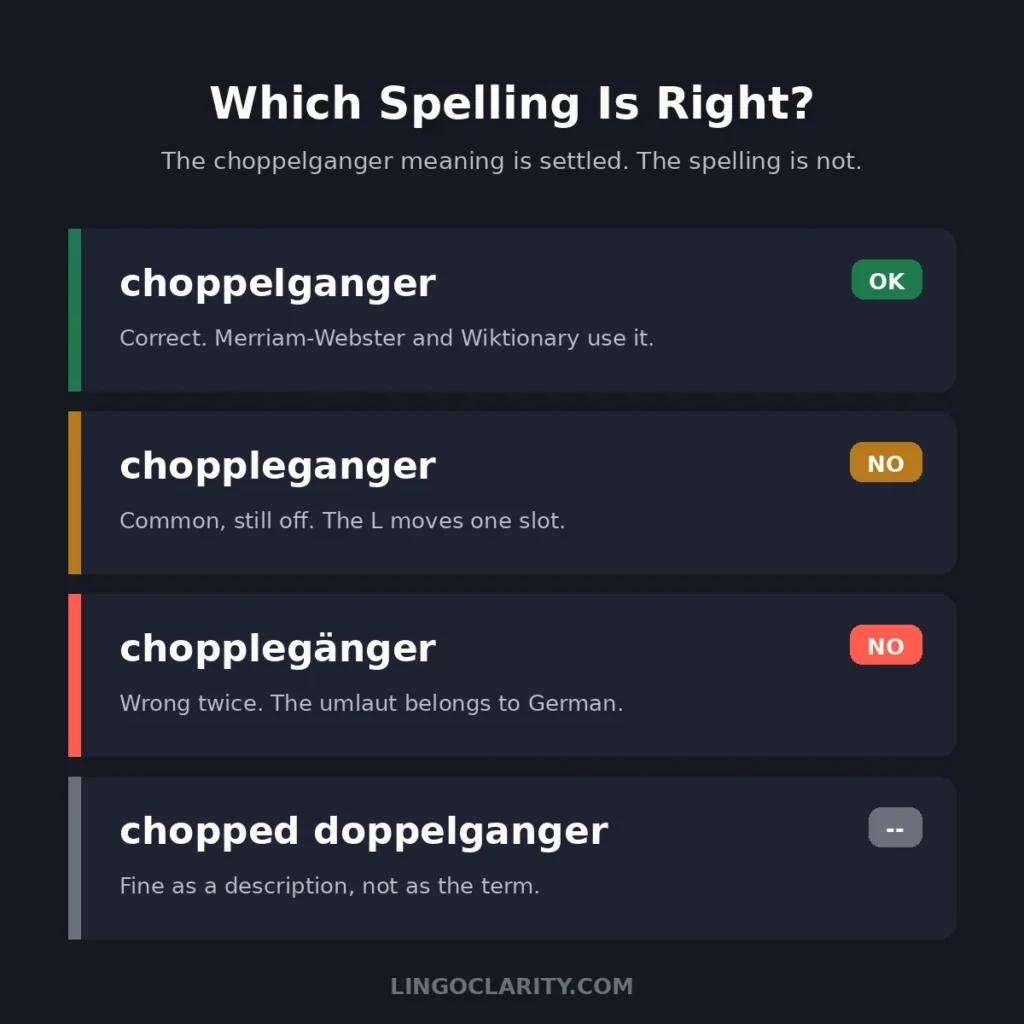 Spelling guide for the choppelganger meaning: choppelganger vs choppleganger