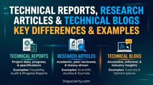 Technical reports vs. research articles vs. technical blogs comparison table showing key differences, purposes, audiences, and structures.