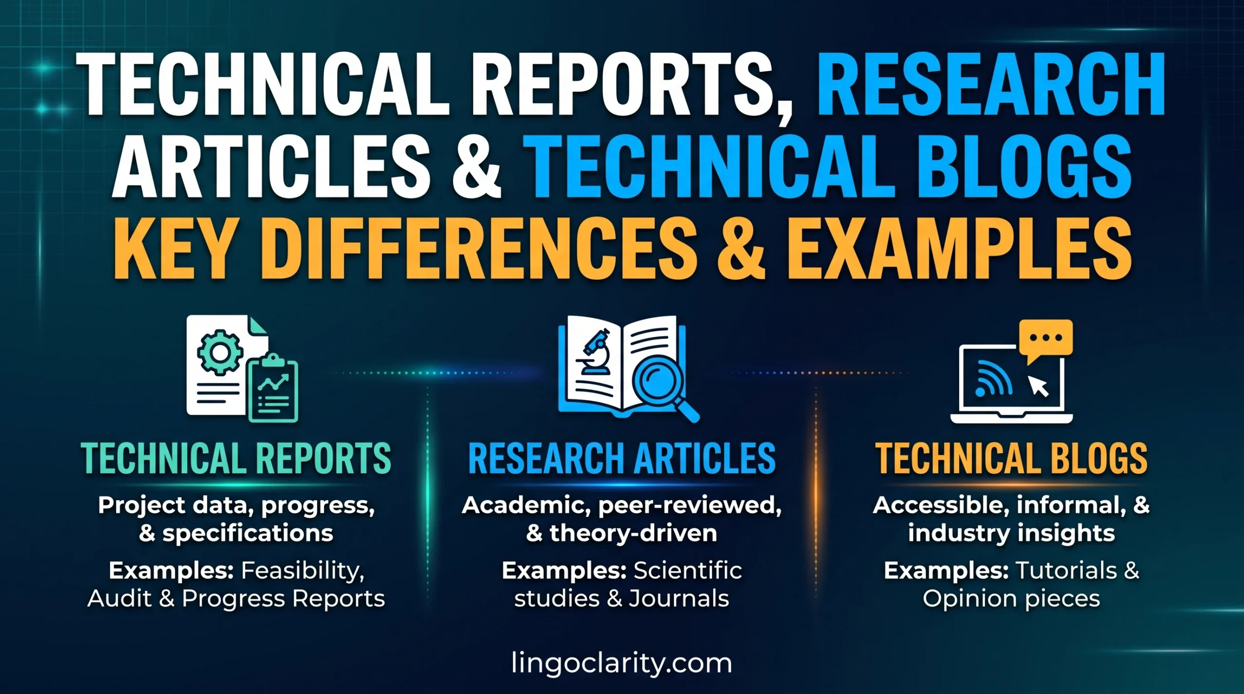 Technical reports vs. research articles vs. technical blogs comparison table showing key differences, purposes, audiences, and structures.