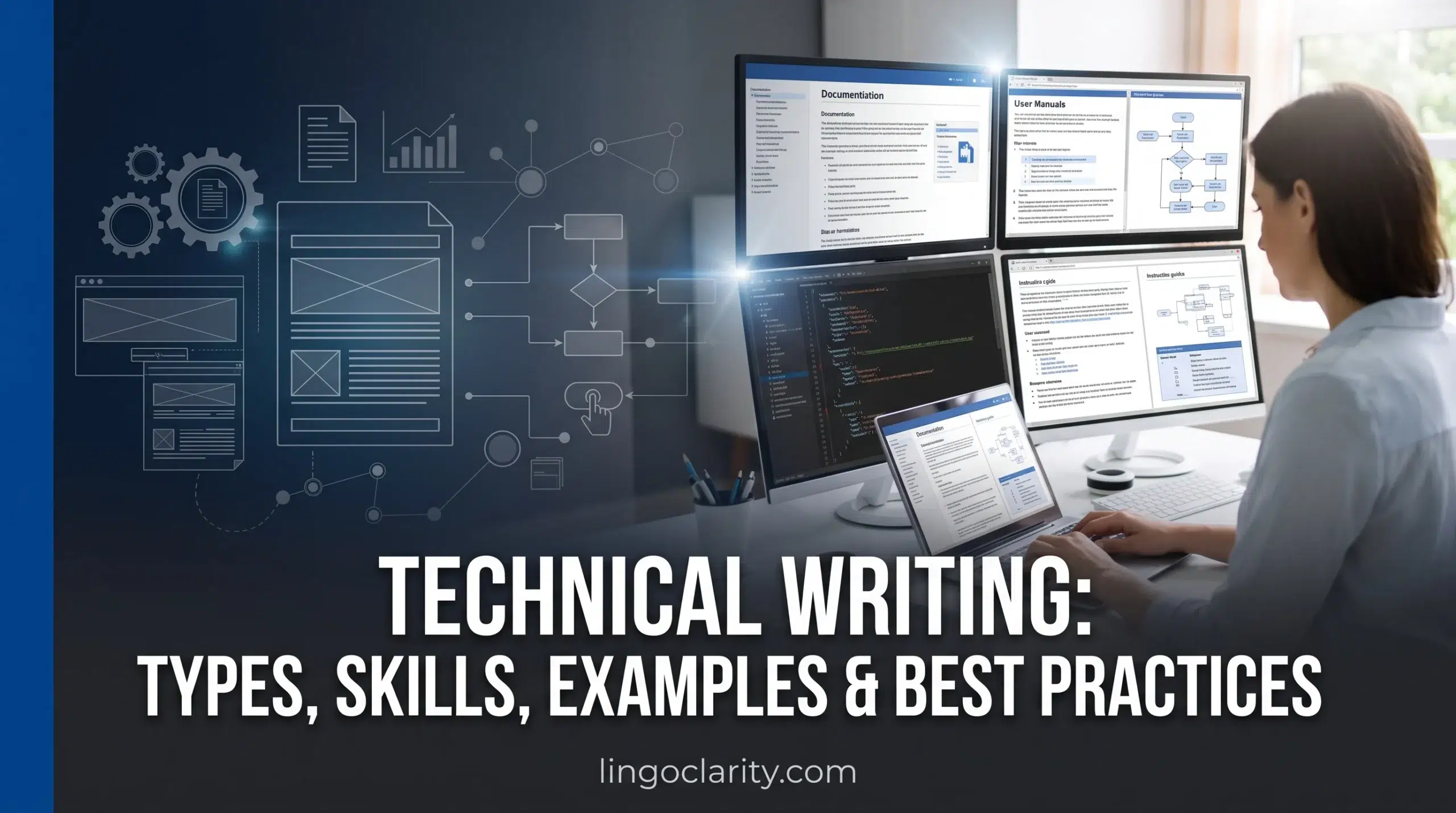 Technical writing guide showing a professional writer creating user manuals, technical documents, API documentation, and instructional content with examples, skills, and best practices.